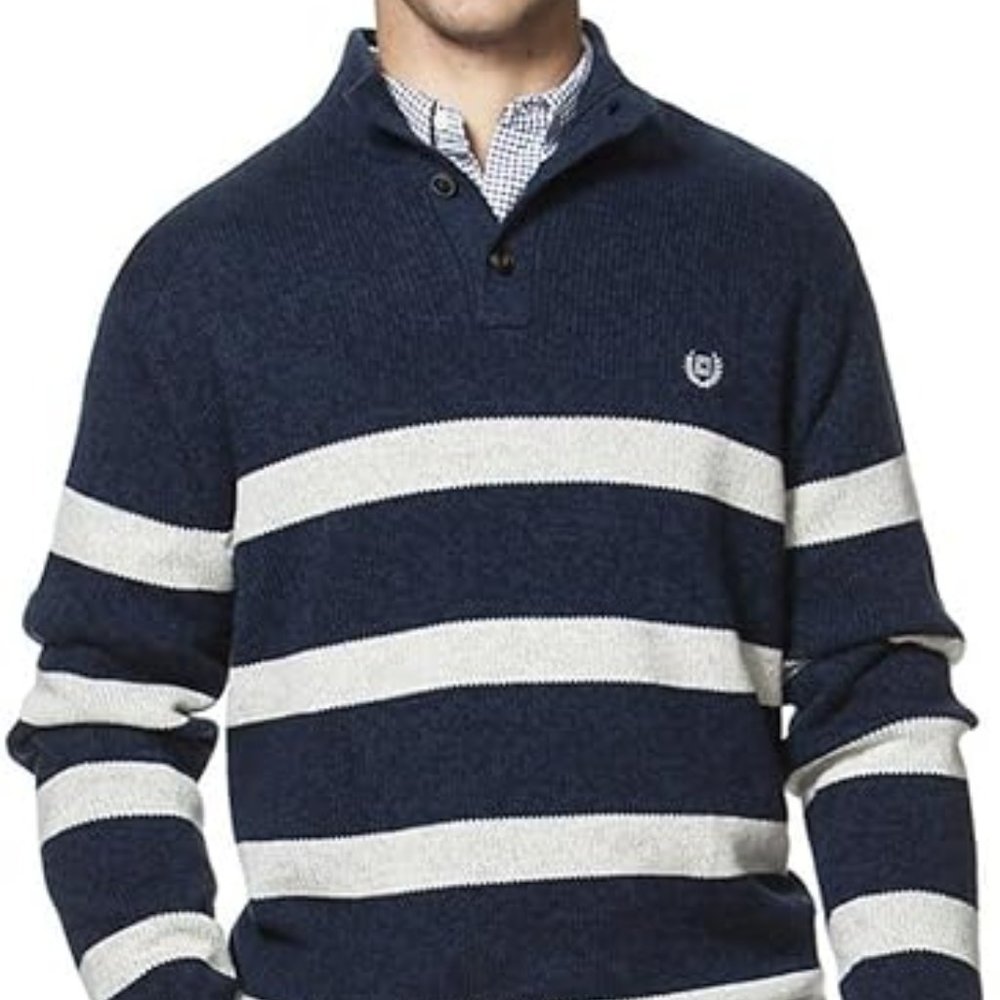 Chaps Men's Striped Pullover Navy Blue Sweater, Classic-Fit Cotton w/ Mockneck